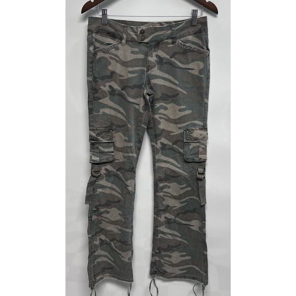 Vtg Y2K 90s Camo Cargo Flare Pants Women sz 9 Low Rise Gorpcore Avant Garde - Picture 1 of 13